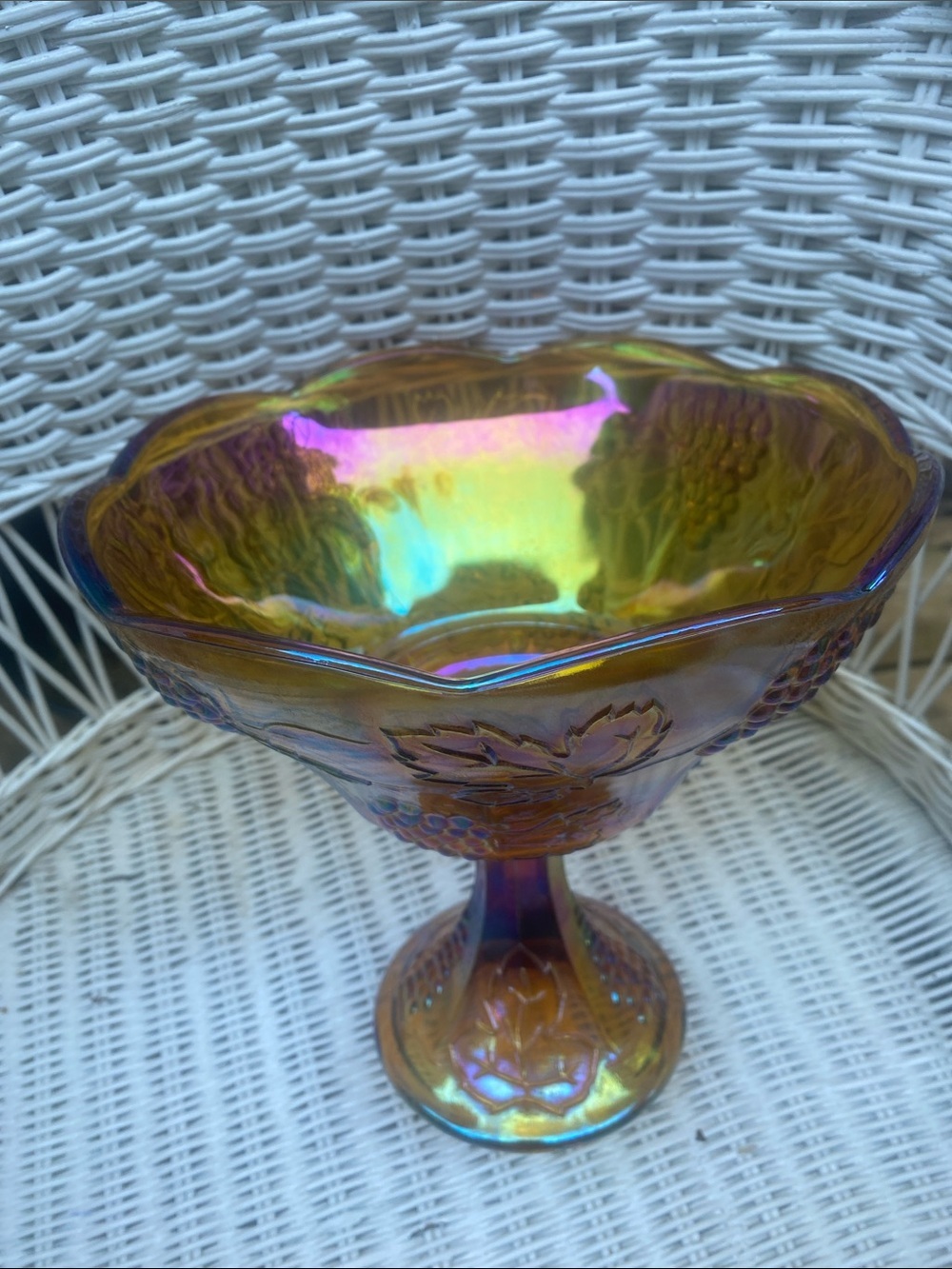 Vintage Amber Iridescent Gold
Carnival Indiana Glass Harvest
Pedestal Bowl - Picture 12 of 16